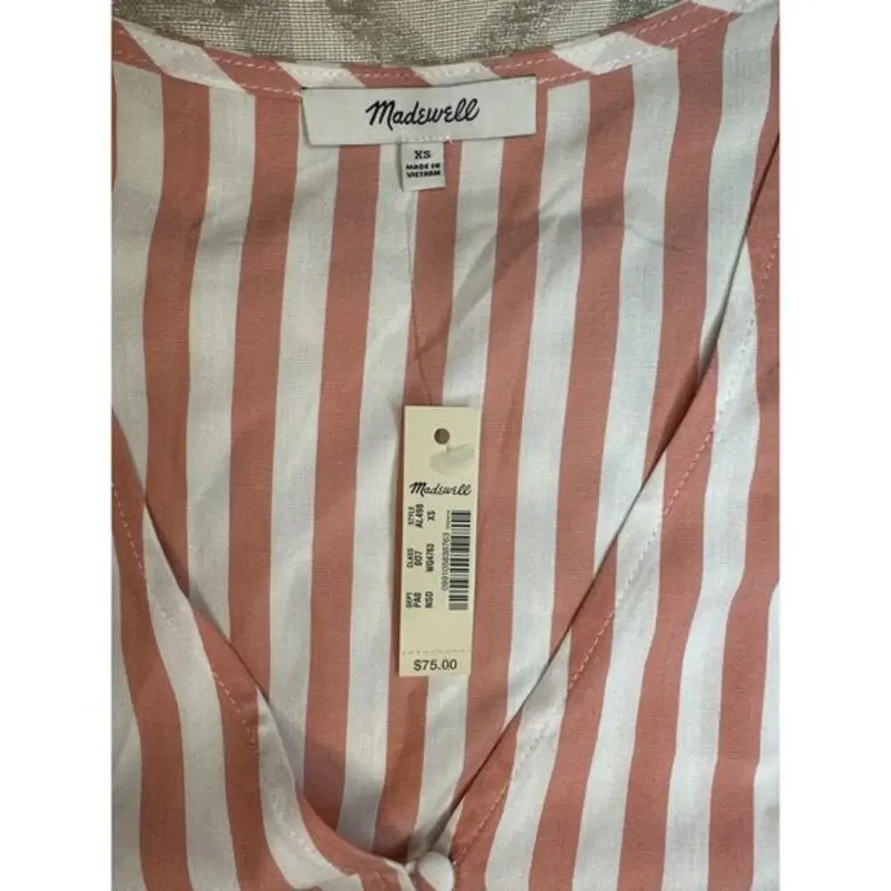 Madewell  White‎ Striped Button Front Peplum Top Puff Sleeve V-Neck NWT XS